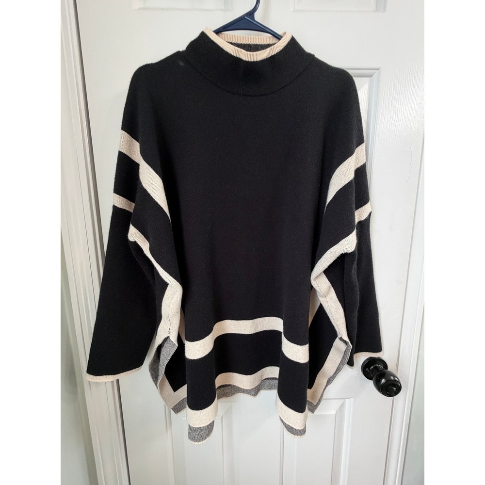 Entro Black Cream Striped Mock Neck Poncho Sweater XL Oversized Knit Lagenlook